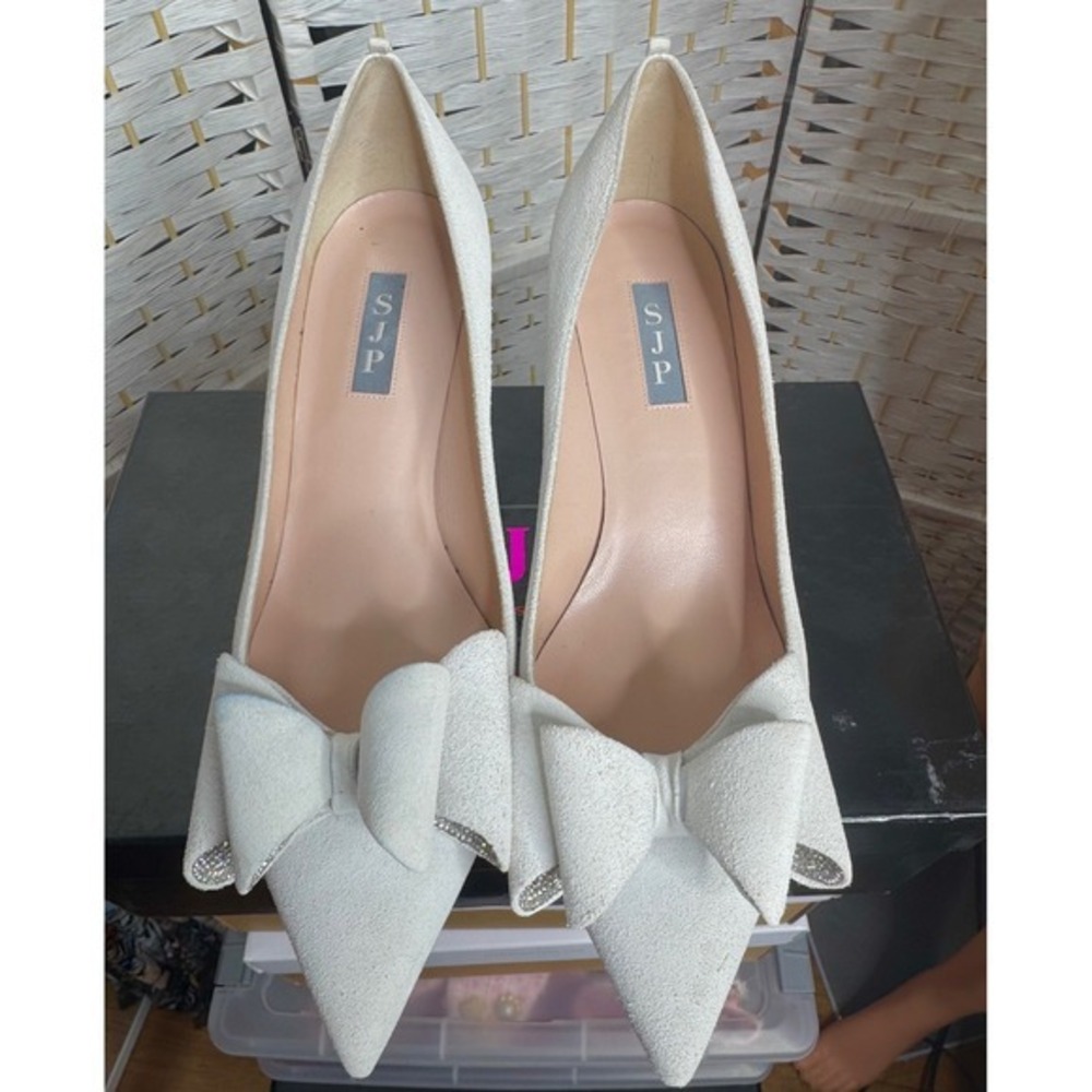 SJP White Bow Pointed Toe 2" Heels Elegant Bridal Designer Pumps Work Date Party - Picture 3 of 8